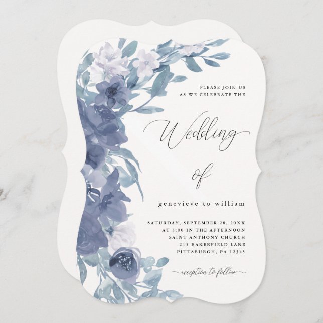 Invitación Moda Floral azul turquesa con Boda caligráfico (Anverso / Reverso)