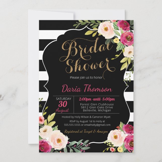 Invitación Moda floral Banda blanca negra Ducha rosa Novia (Anverso)