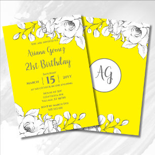 Invitación Moda floral blanca amarilla moderna 21º cumpleaños
