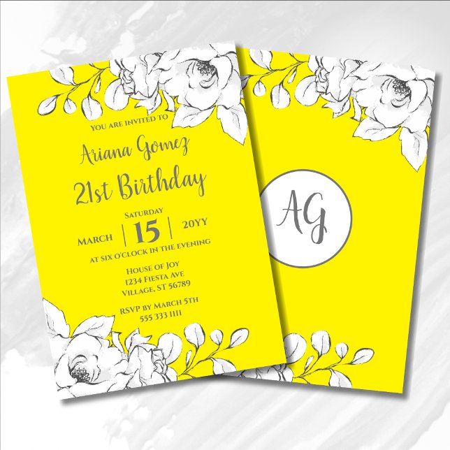 Invitación Moda floral blanca amarilla moderna 21º cumpleaños (Subido por el creador)