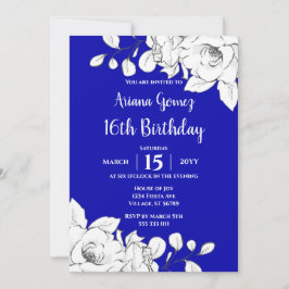 Invitación Moda Floral Blanca Azul Real 16 cumpleaños
