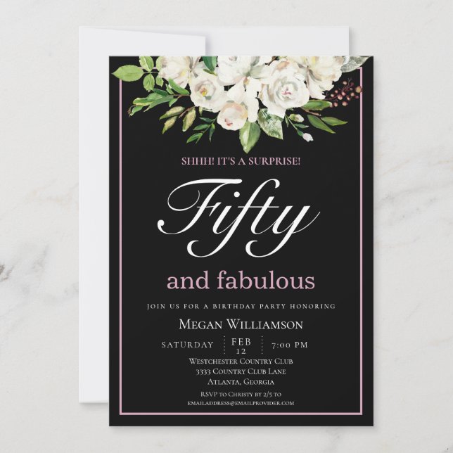 Invitación Moda Floral Blanca Cincuenta y Fabuloso Cumpleaños (Anverso)