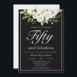 Invitación Moda Floral Blanca Cincuenta y Fabuloso Cumpleaños<br><div class="desc">Sus invitados sabrán que esto será un fiesta especial solamente mirando esta invitación! Este diseño presenta elegantes flores blancas sobre un fondo negro dramático.</div>