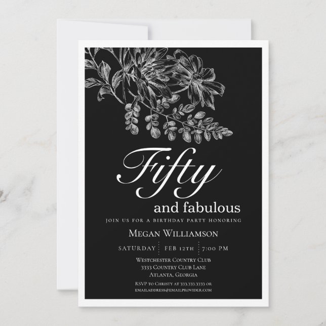 Invitación Moda Floral Blanca Cincuenta y Fabuloso Cumpleaños (Anverso)