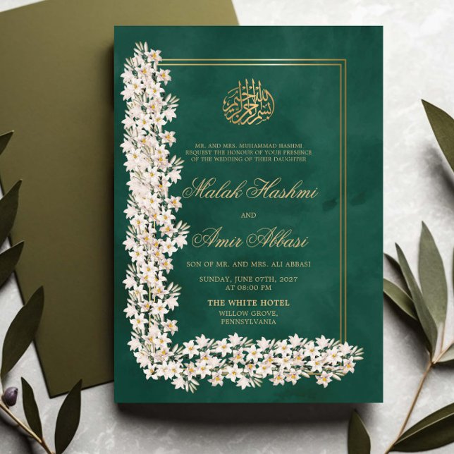 Invitación Moda floral blanca verde Boda islámica musulmana (Subido por el creador)