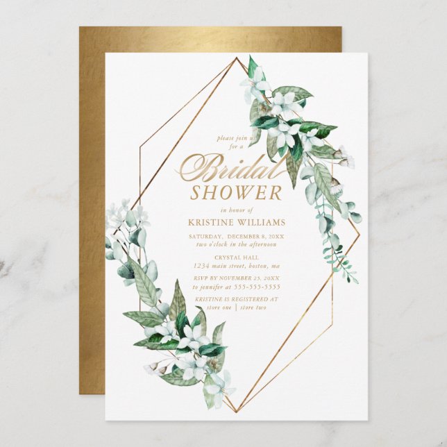 Invitación Moda Floral blanca Verdor dorado Ducha nupcial (Anverso / Reverso)