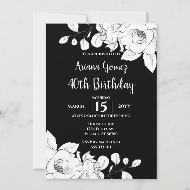 Invitación Moda Floral blanca y negra moderna 40 cumpleaños (Anverso)