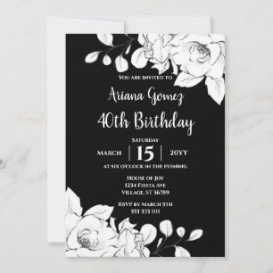 Invitación Moda Floral blanca y negra moderna 40 cumpleaños