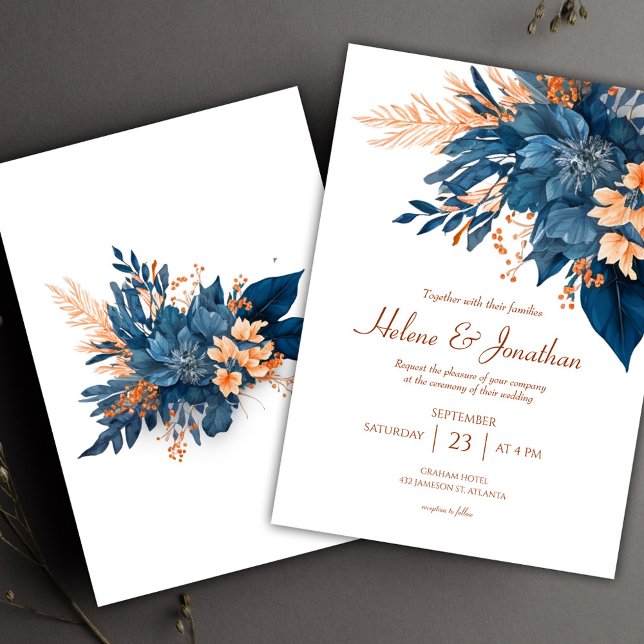 Invitación Moda floral Boda de óxido índigo (Floral Chic Indigo Rust Wedding Invitation)