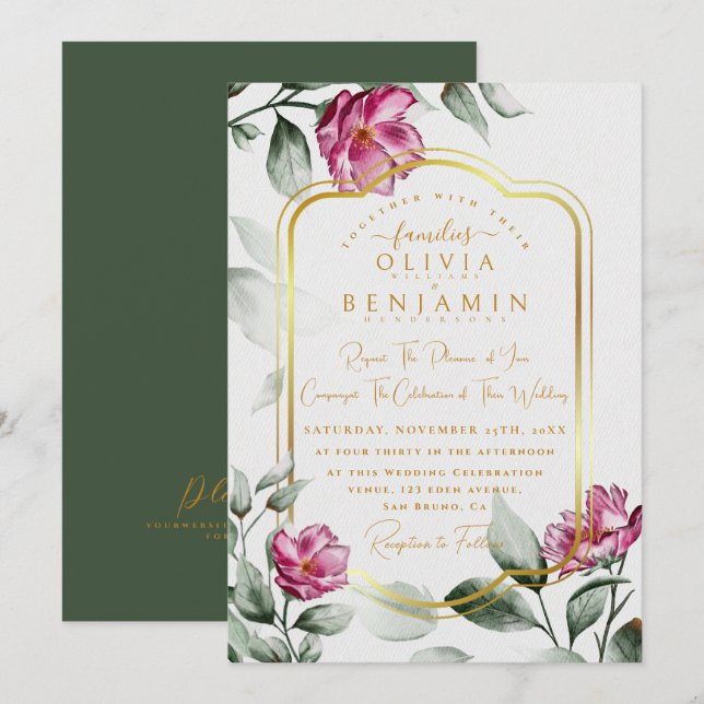 Invitación Moda floral borgoña Boda marco dorado (Anverso / Reverso)