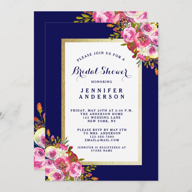 Invitación Moda Floral Bridal Shower Invite | Rosa azul de la (Anverso / Reverso)