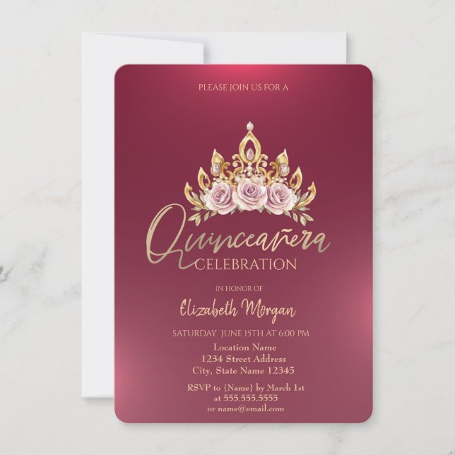Invitación Moda Floral Corona Borgoña Quinceañera (Anverso)
