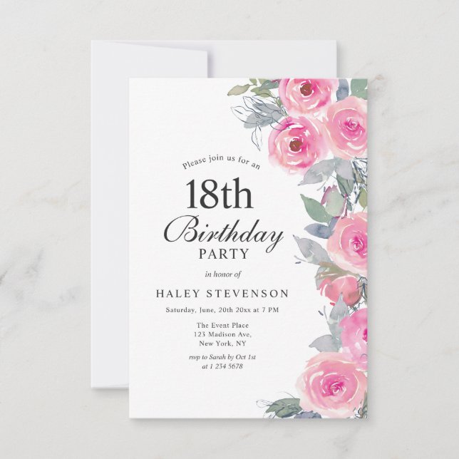Invitación Moda floral de acuarela rosada femenina 18º cumple (Anverso)
