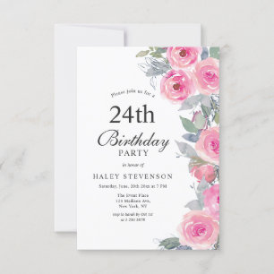 Invitación Moda floral de acuarela rosada femenina 24º cumple