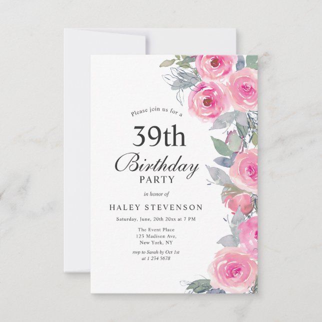 Invitación Moda floral de acuarela rosada femenina 39º cumple (Anverso)