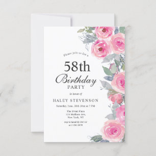 Invitación Moda floral de acuarela rosada femenina 58º cumple
