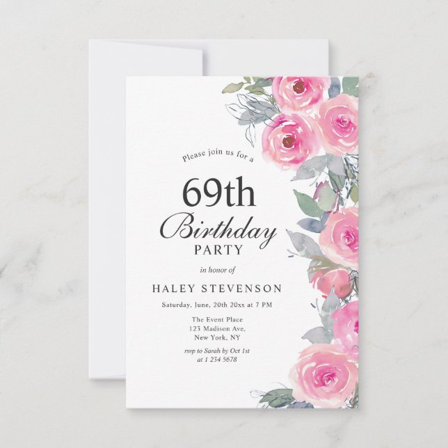 Invitación Moda floral de acuarela rosada femenina 69º cumple (Anverso)