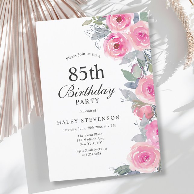 Invitación Moda floral de acuarela rosada femenina 85º cumple (Subido por el creador)