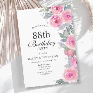 Invitación Moda floral de acuarela rosada femenina 88º cumple