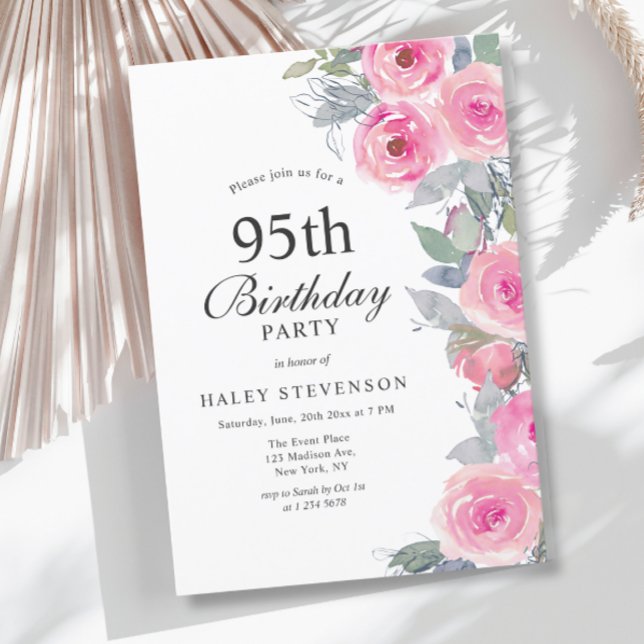 Invitación Moda floral de acuarela rosada femenina 95º cumple (Subido por el creador)