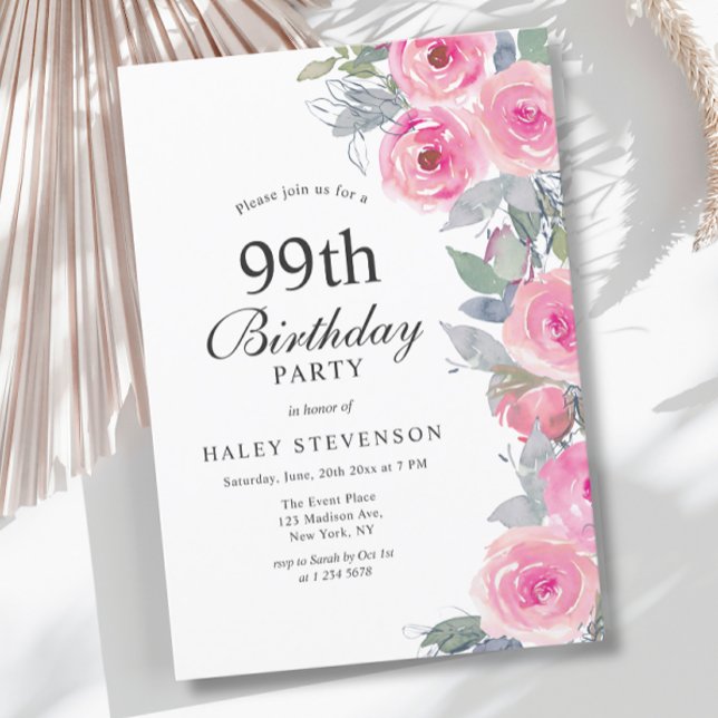 Invitación Moda floral de acuarela rosada femenina 99º cumple (Subido por el creador)