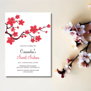 Invitación Moda Floral de Cerezo Rojo Flor Sakura Cumpleaños