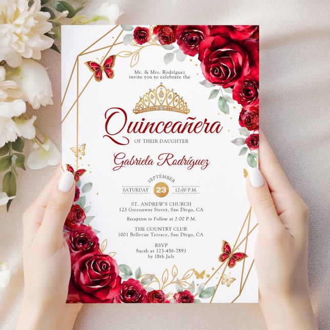 Invitación Moda floral de oro rojo Quinceanera (Subido por el creador)