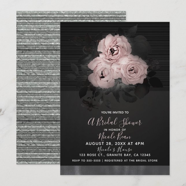 Invitación Moda floral de vidrio rosa y negro moderno ducha d (Anverso / Reverso)