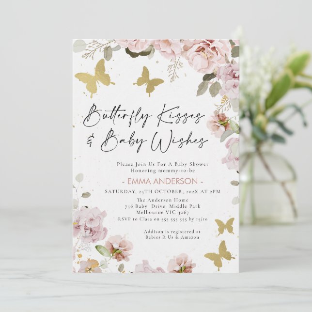 Invitación Moda Floral dorada rosa mariposa besa Baby Shower (Anverso de pie)