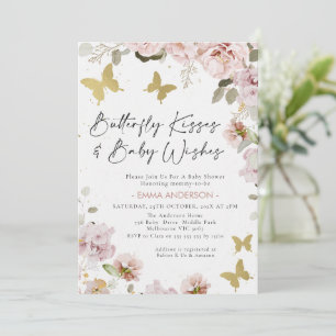 Invitación Moda Floral dorada rosa mariposa besa Baby Shower