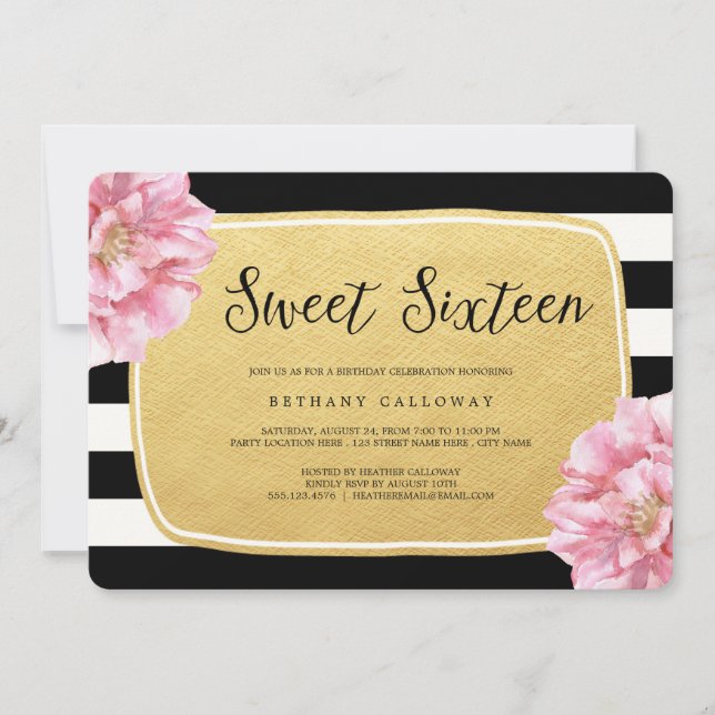 Invitación Moda floral dulce 16 cumpleaños Invite / Relieve m (Anverso)