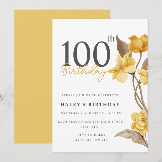 Invitación Moda floral elegante simple amarillo 100 cumpleaño (Anverso / Reverso)