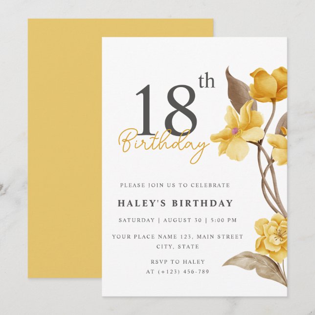 Invitación Moda floral elegante simple amarillo 18 cumpleaños (Anverso / Reverso)