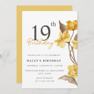 Invitación Moda floral elegante simple amarillo 19 cumpleaños