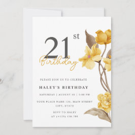 Invitación Moda floral elegante simple amarillo 21 cumpleaños