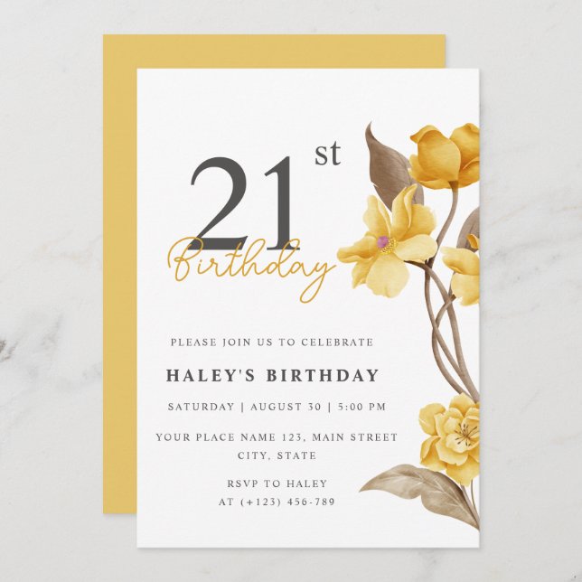 Invitación Moda floral elegante simple amarillo 21 cumpleaños (Anverso / Reverso)