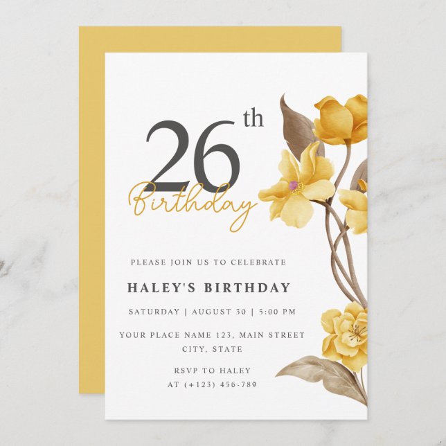 Invitación Moda floral elegante simple amarillo 26 cumpleaños (Anverso / Reverso)
