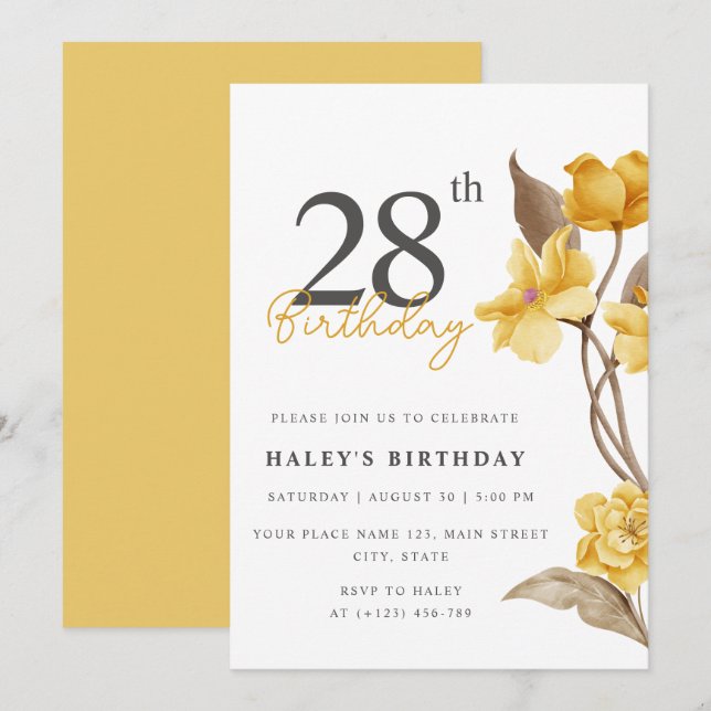 Invitación Moda floral elegante simple amarillo 28 cumpleaños (Anverso / Reverso)