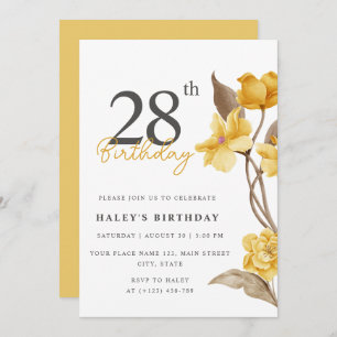 Invitación Moda floral elegante simple amarillo 28 cumpleaños
