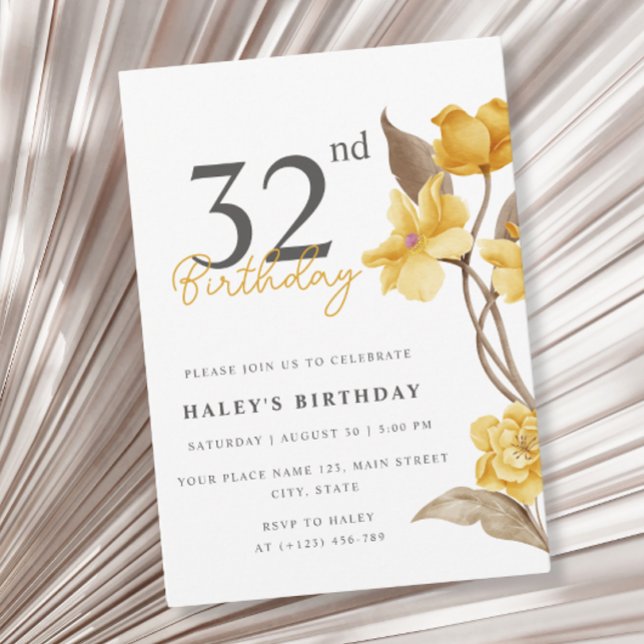 Invitación Moda floral elegante simple amarillo 32 cumpleaños (Subido por el creador)
