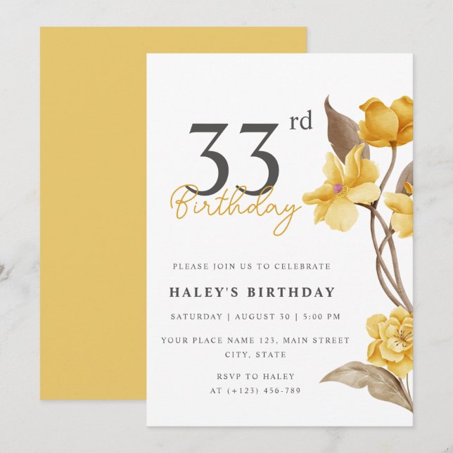 Invitación Moda floral elegante simple amarillo 33 cumpleaños (Anverso / Reverso)