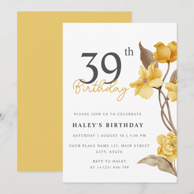 Invitación Moda floral elegante simple amarillo 39 cumpleaños (Anverso / Reverso)