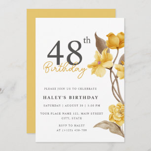 Invitación Moda floral elegante simple amarillo 48 cumpleaños
