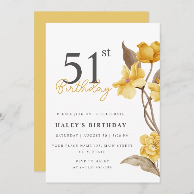 Invitación Moda floral elegante simple amarillo 51 cumpleaños (Anverso / Reverso)