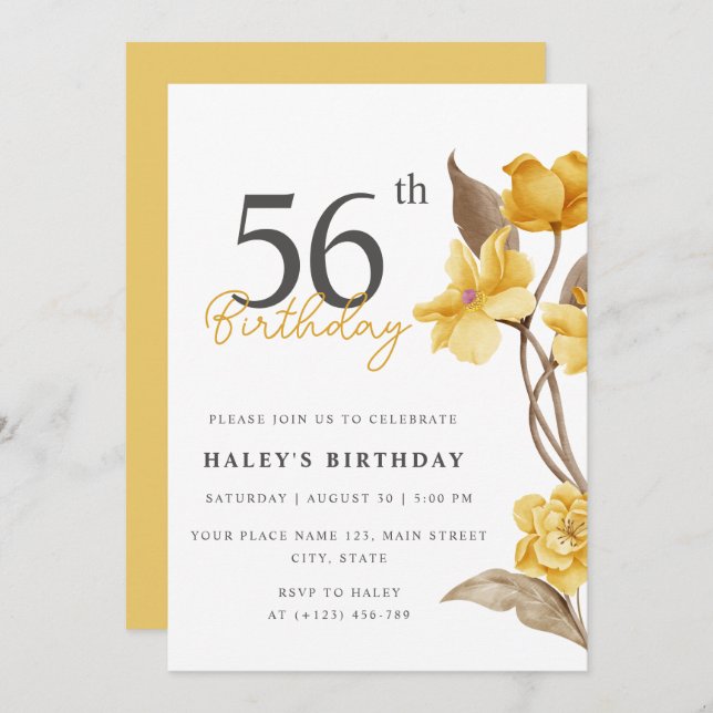 Invitación Moda floral elegante simple amarillo 56 cumpleaños (Anverso / Reverso)