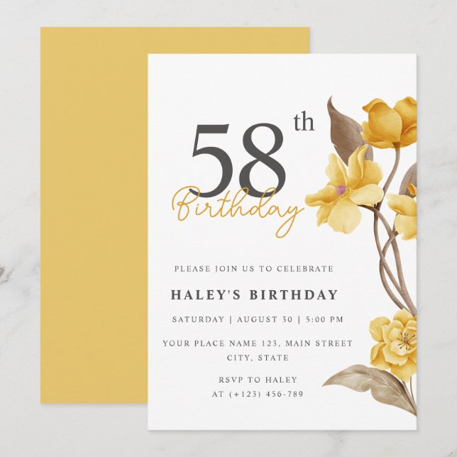 Invitación Moda floral elegante simple amarillo 58 cumpleaños (Anverso / Reverso)