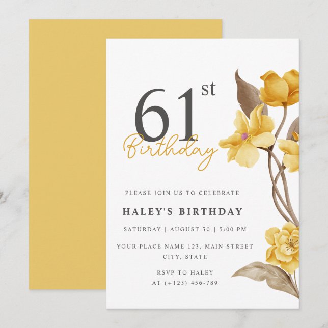 Invitación Moda floral elegante simple amarillo 61 cumpleaños (Anverso / Reverso)