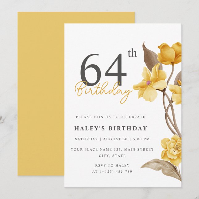 Invitación Moda floral elegante simple amarillo 64 cumpleaños (Anverso / Reverso)