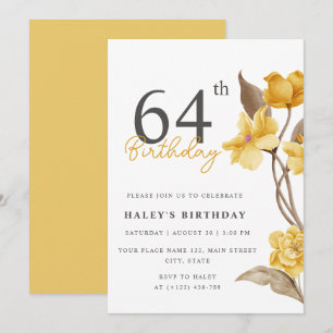 Invitación Moda floral elegante simple amarillo 64 cumpleaños