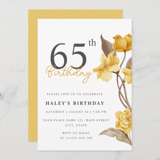 Invitación Moda floral elegante simple amarillo 65 cumpleaños (Anverso / Reverso)
